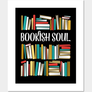 Bookish soul // black bookshelf background yellow neon red white and teal books Posters and Art